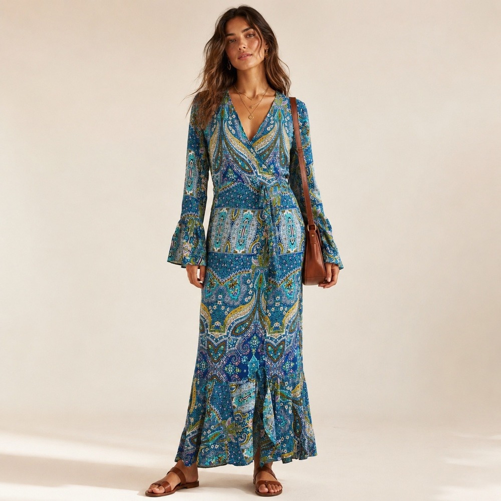 R. Vivimos Paisley Wrap Maxi Dress Blue Boho Resort Bell Sleeve M US 8/10